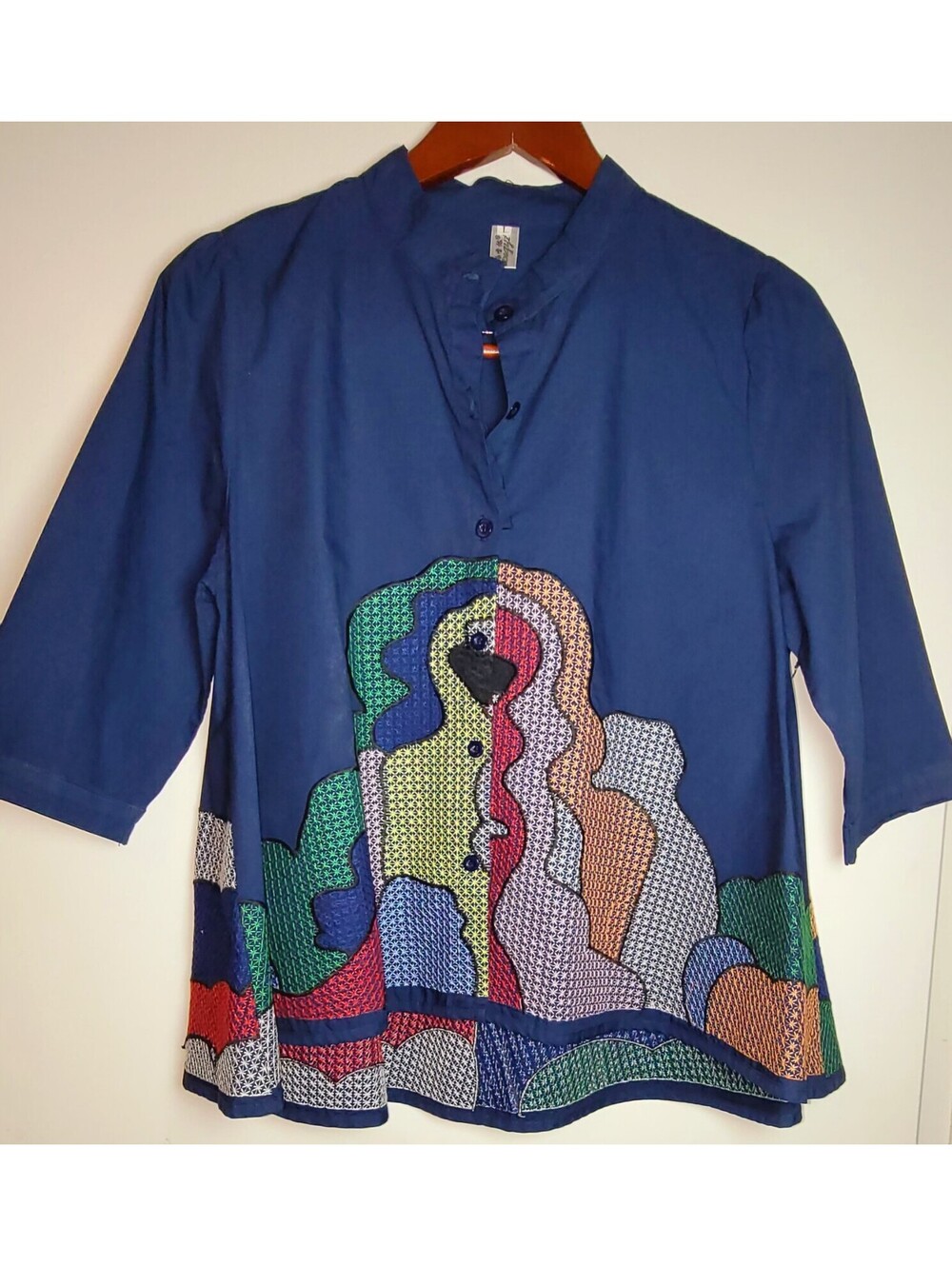 Blue Button-Up Top with Colorful Abstract Pattern and 3/4 Sleeve L